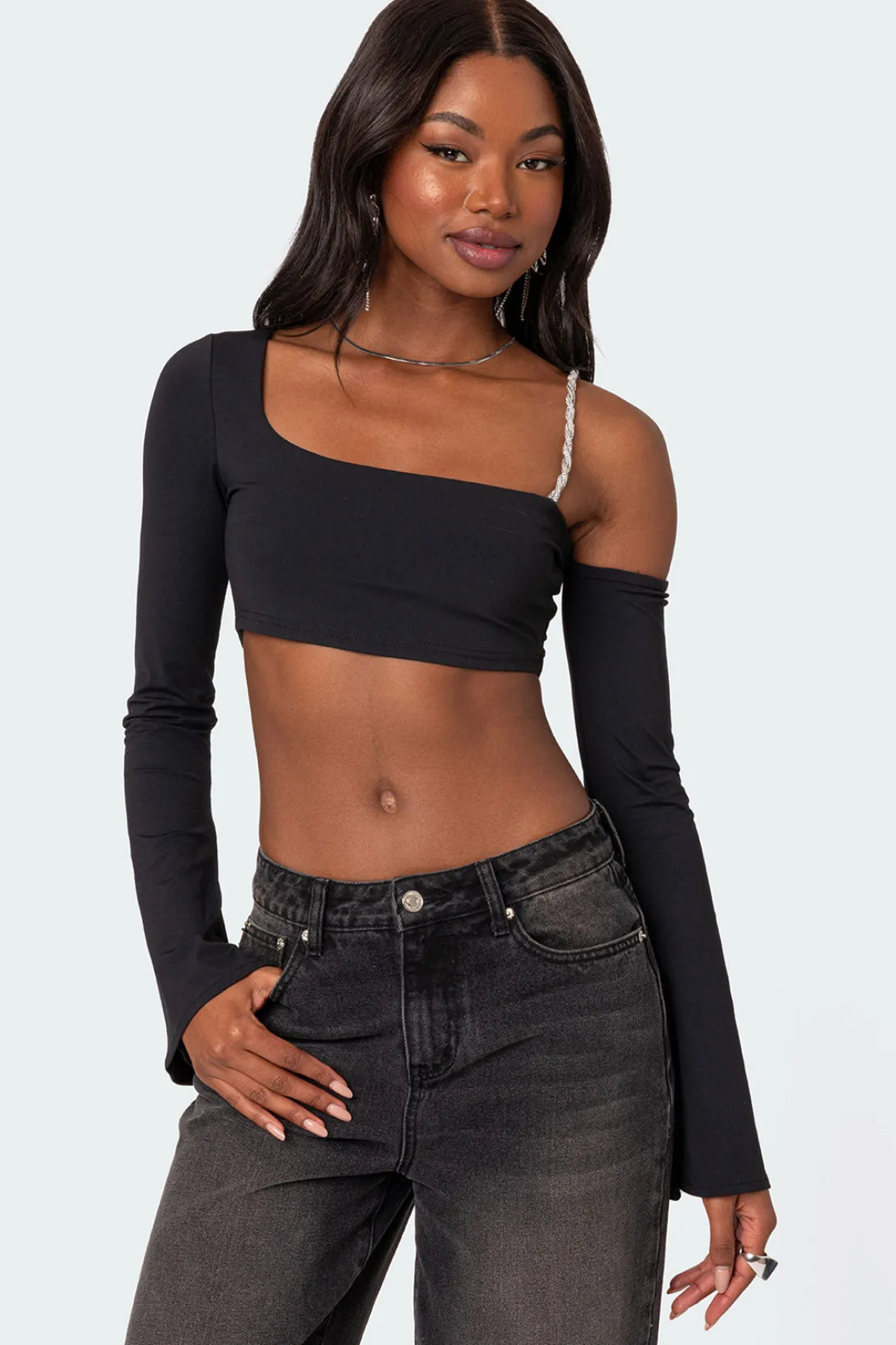 Rhinestone Strap Asymmetric Crop Top