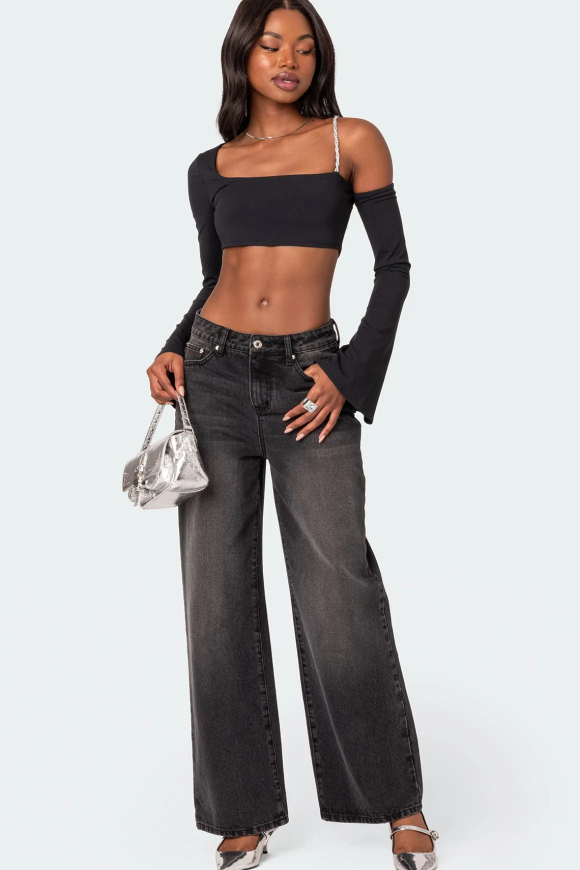 Rhinestone Strap Asymmetric Crop Top