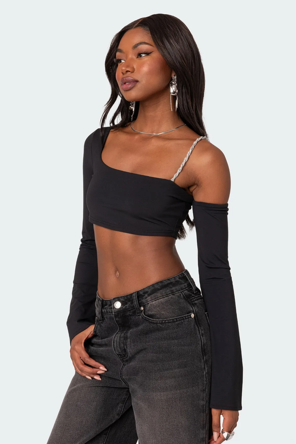 Rhinestone Strap Asymmetric Crop Top