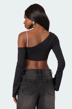 Rhinestone Strap Asymmetric Crop Top