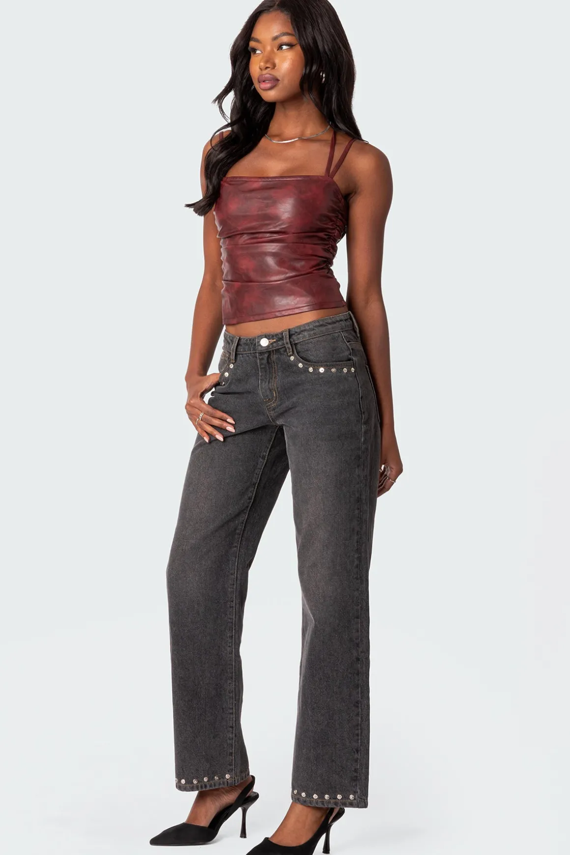 Rivet Trim Straight Leg Jeans