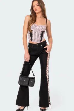 Satin Lace Up Flared Jeans