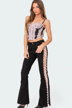 Satin Lace Up Flared Jeans