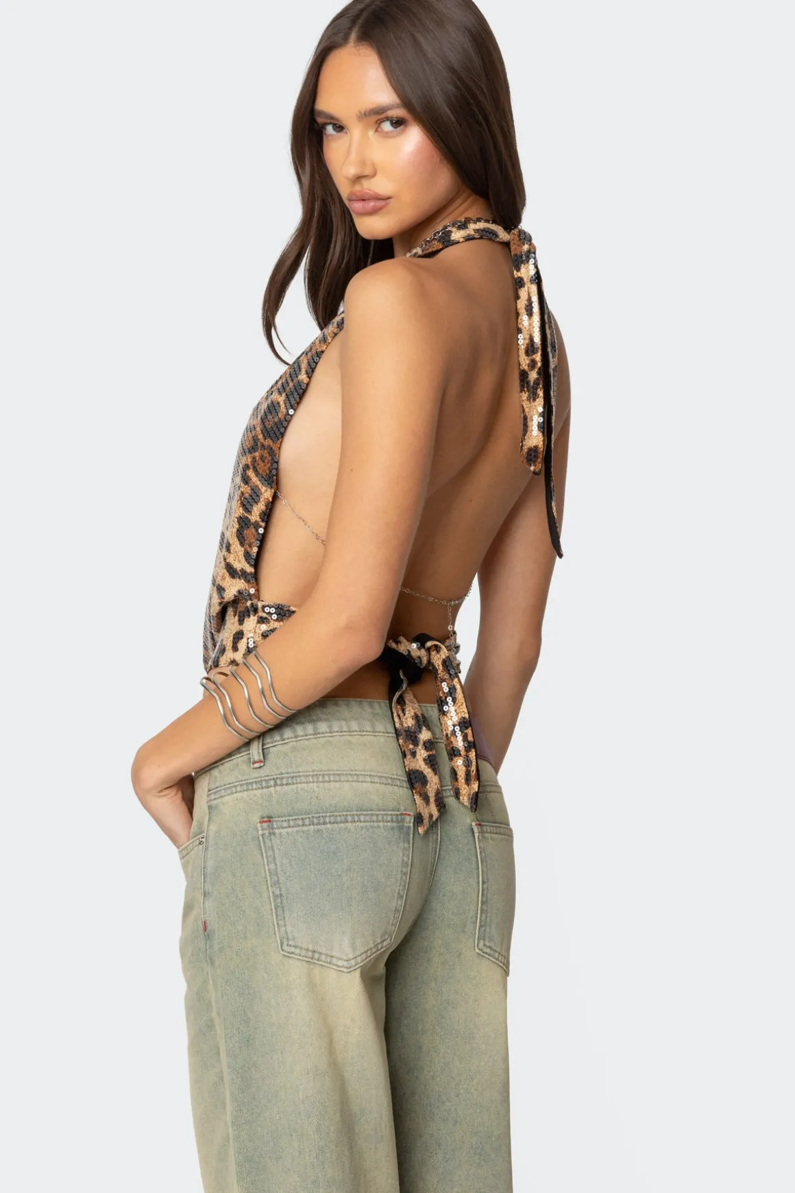 Sequin Leopard Printed Cowl Neck Top