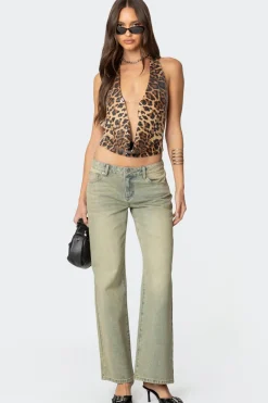 Sequin Leopard Printed Cowl Neck Top
