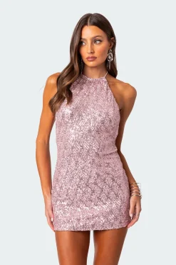 Sequin Open Back Halter Mini Dress