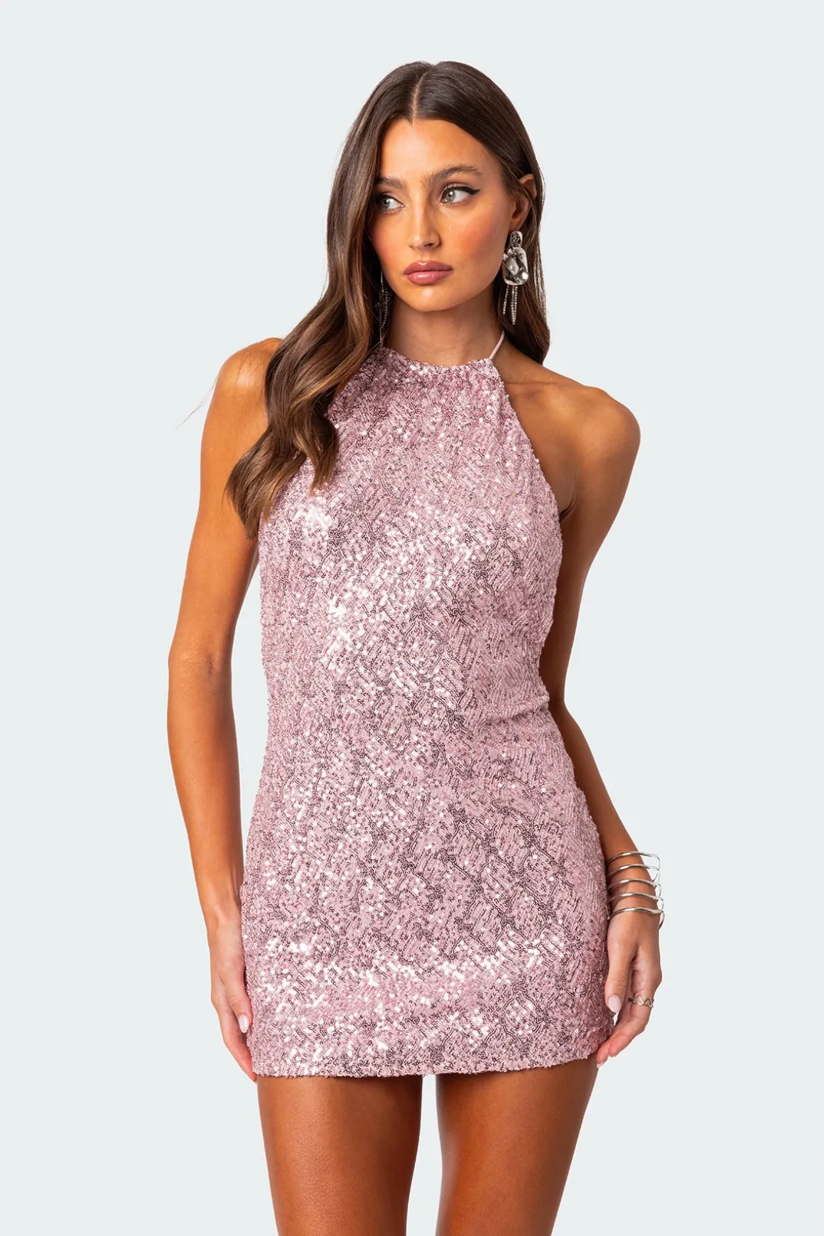 Sequin Open Back Halter Mini Dress