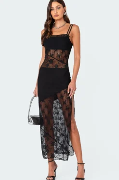 Sheer Mesh & Lace Patchwork Maxi Dress