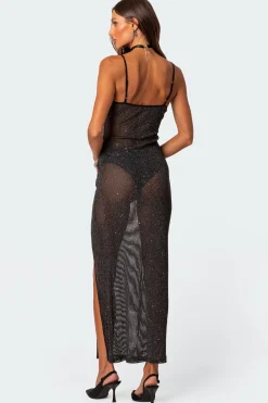 Sheer Micro Sequin Slitted Maxi Dress