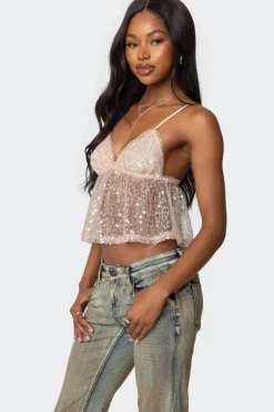 Sheer Sequin Babydoll Tank Top