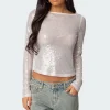 Sheer Sequin Boat Neck Top