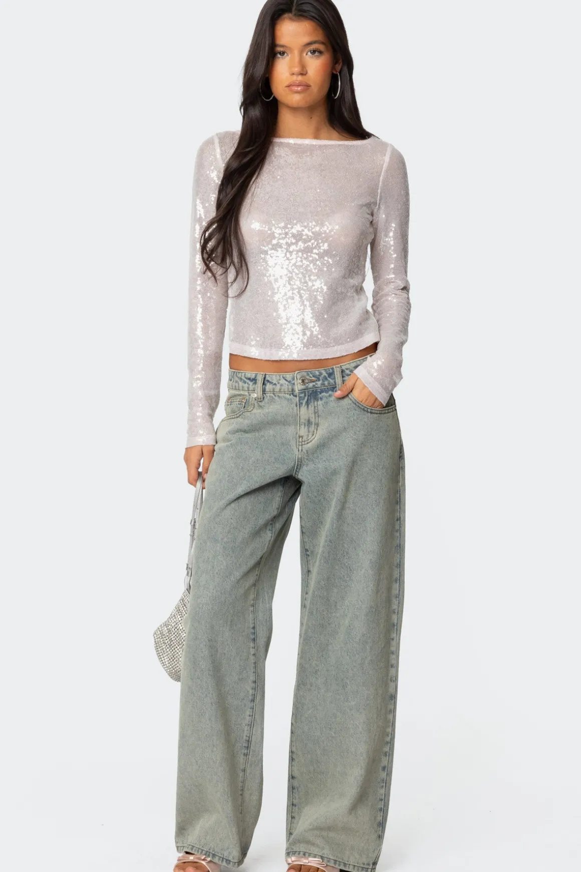 Sheer Sequin Boat Neck Top