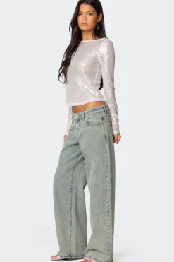Sheer Sequin Boat Neck Top