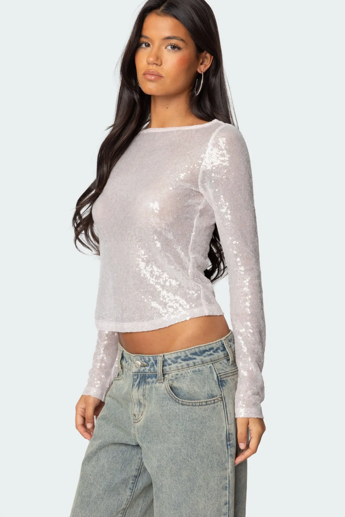 Sheer Sequin Boat Neck Top