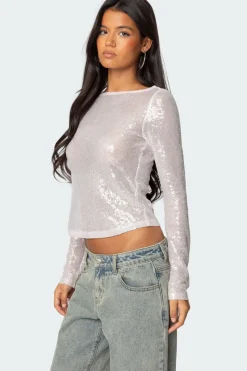 Sheer Sequin Boat Neck Top
