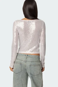 Sheer Sequin Boat Neck Top