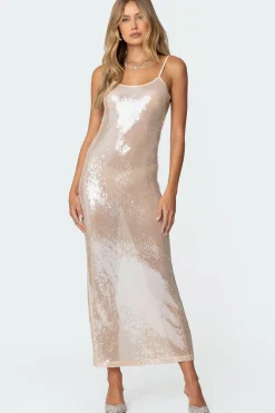 Sheer Sequin Slitted Maxi Dress
