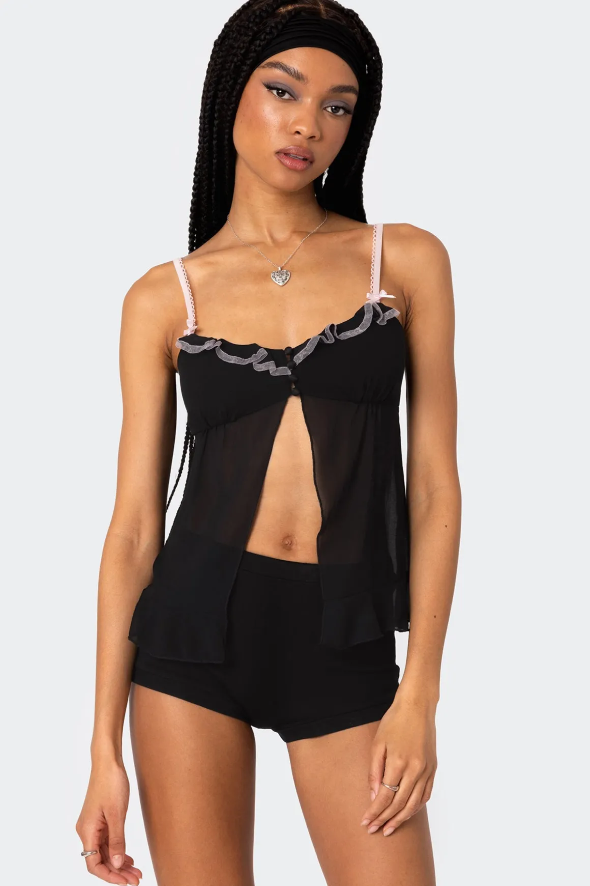 Sheer Split Front Babydoll Top