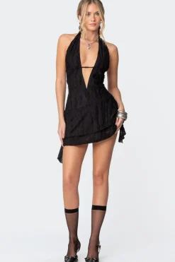 Shredded Backless Halter Mini Dress