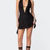 Shredded Backless Halter Mini Dress