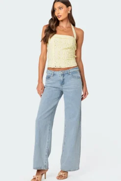 Side Button Eyelet Halter Top