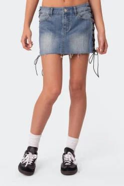 Side Lace Up Denim Mini Skirt