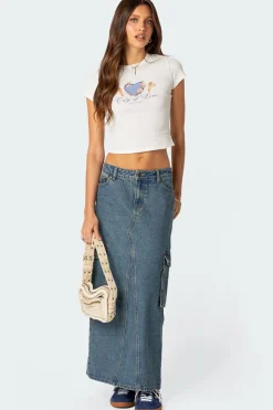 Slitted Cargo Denim Maxi Skirt