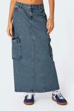 Slitted Cargo Denim Maxi Skirt