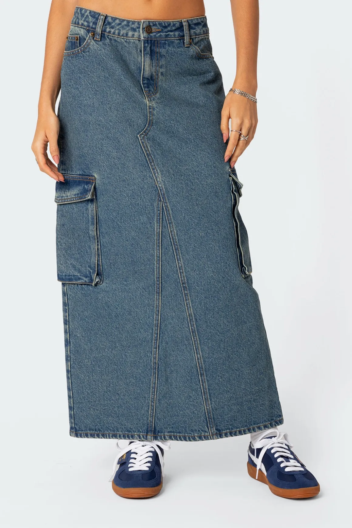Slitted Cargo Denim Maxi Skirt