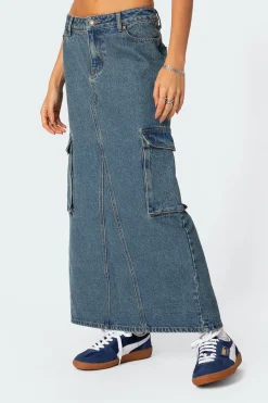 Slitted Cargo Denim Maxi Skirt