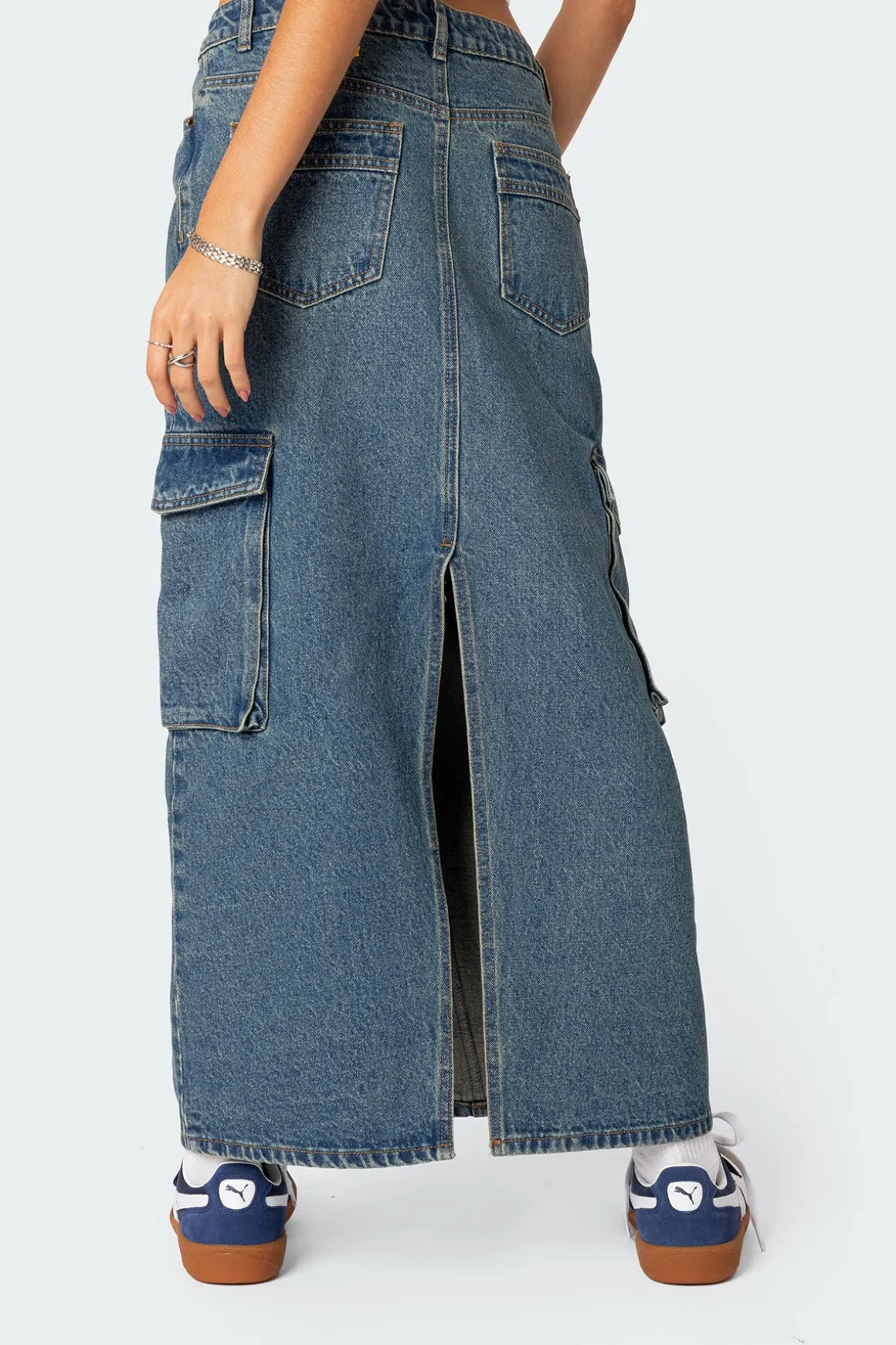 Slitted Cargo Denim Maxi Skirt
