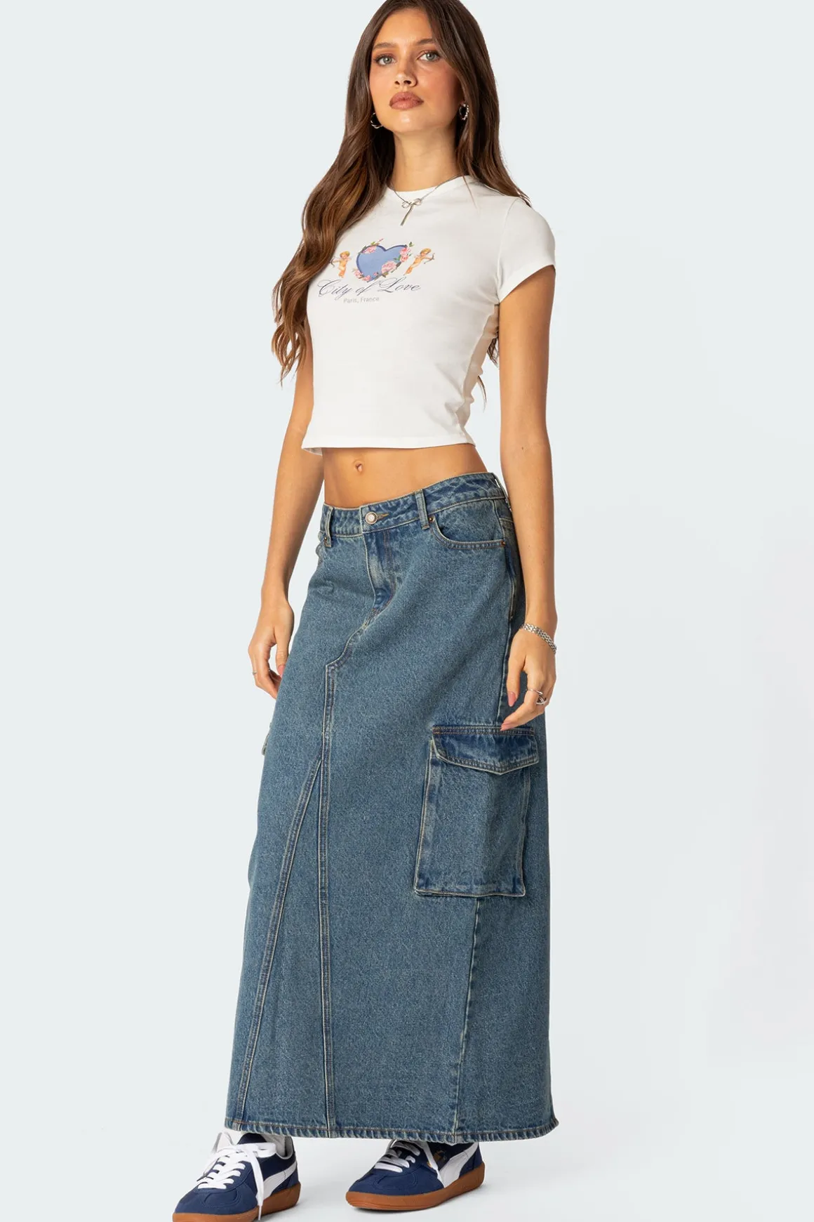 Slitted Cargo Denim Maxi Skirt