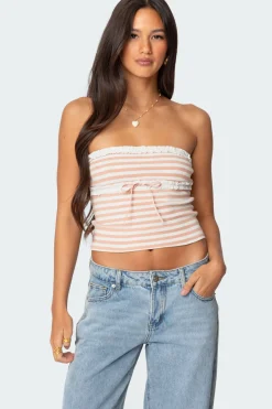 Striped Eyelet Trim Tube Top
