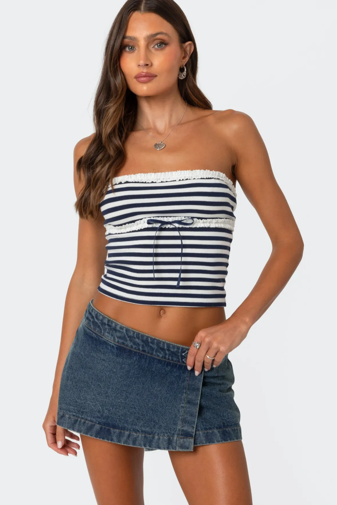 Striped Eyelet Trim Tube Top