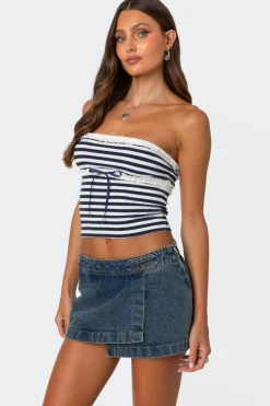 Striped Eyelet Trim Tube Top