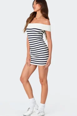 Striped Fold Over Knit Mini Dress