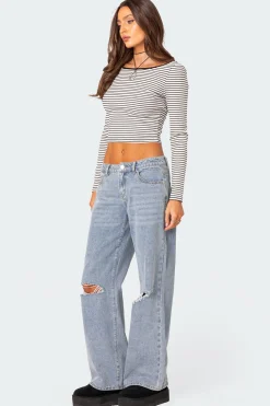 Striped Scoop Back Long Sleeve Top