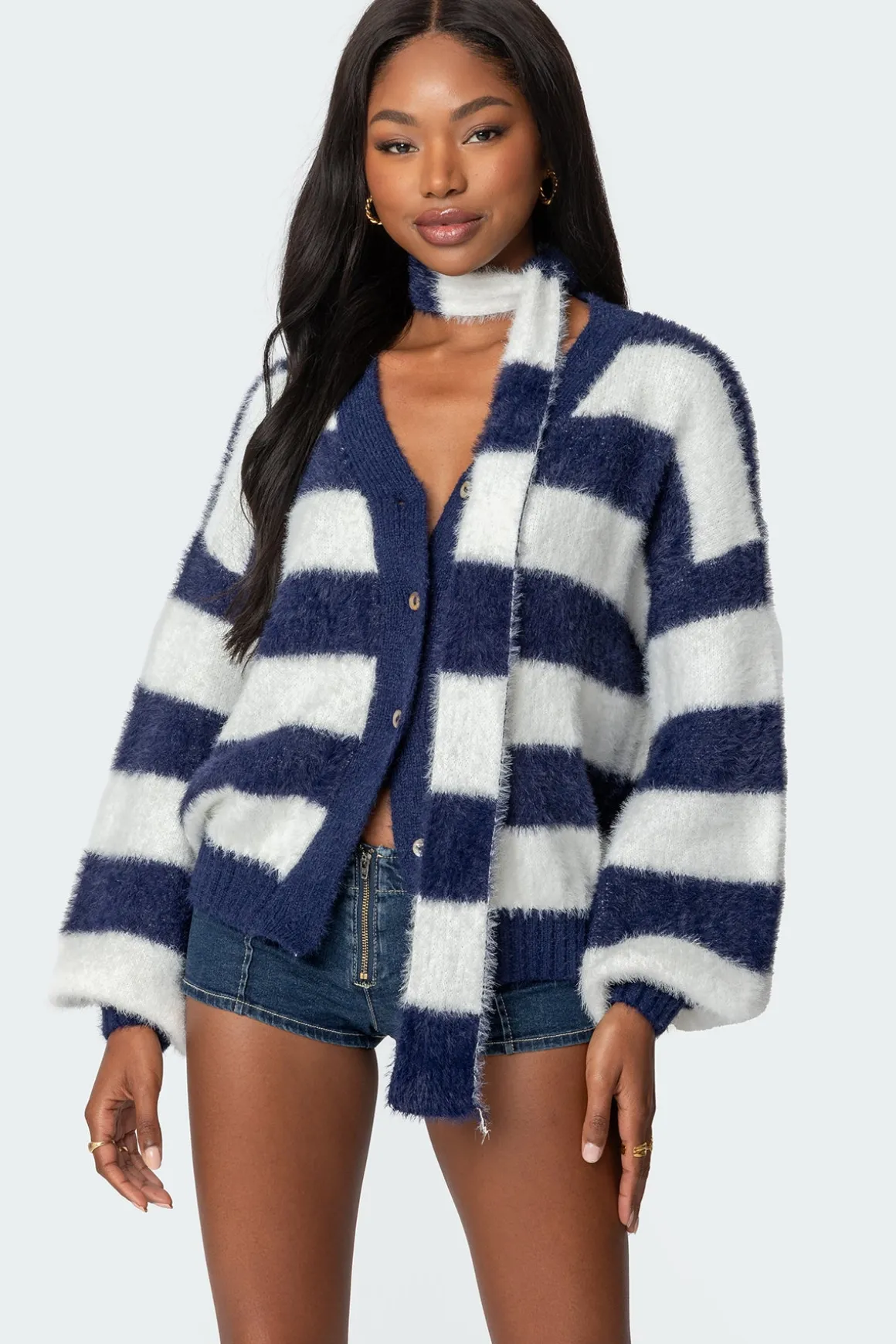 Striped Two Piece Knit Scarf Cardigan