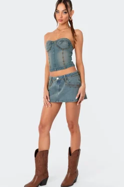Studded Low Rise Washed Denim Mini Skirt