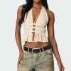 Studded Split Front Backless Halter Top