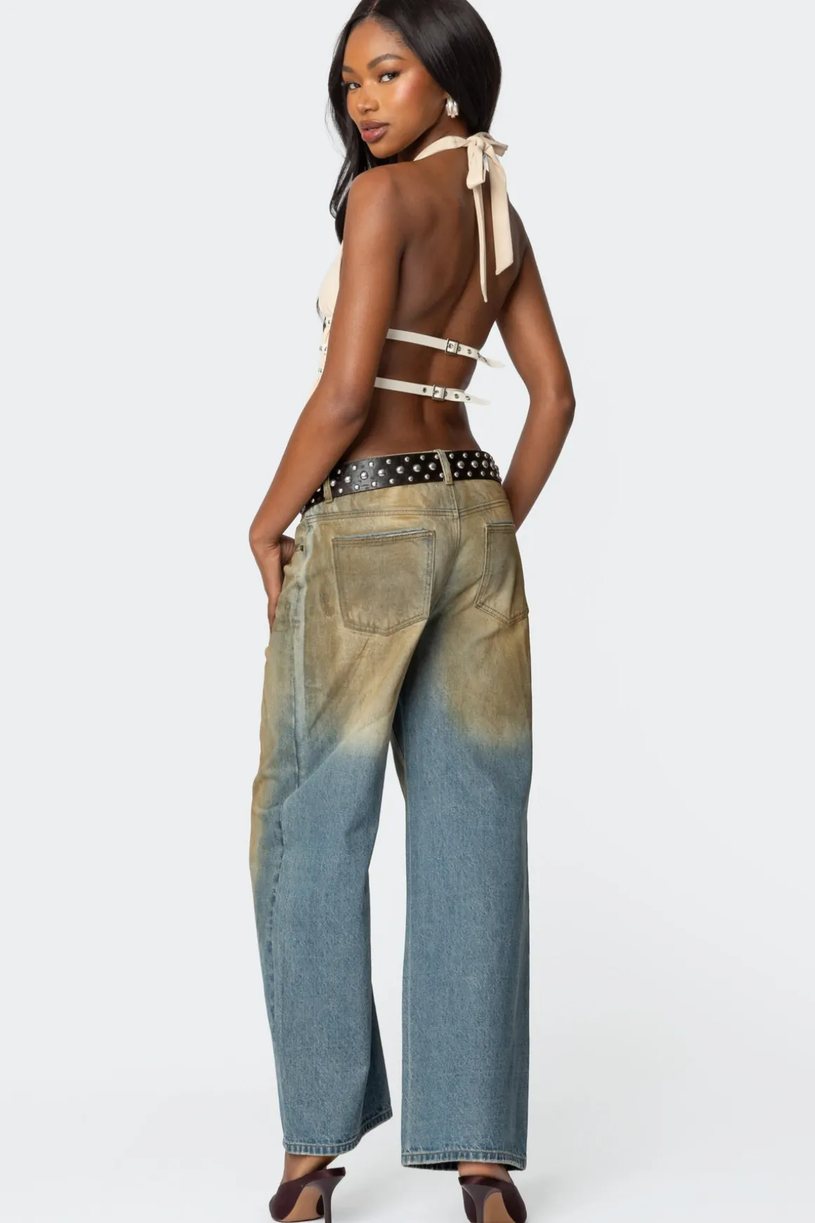 Studded Split Front Backless Halter Top