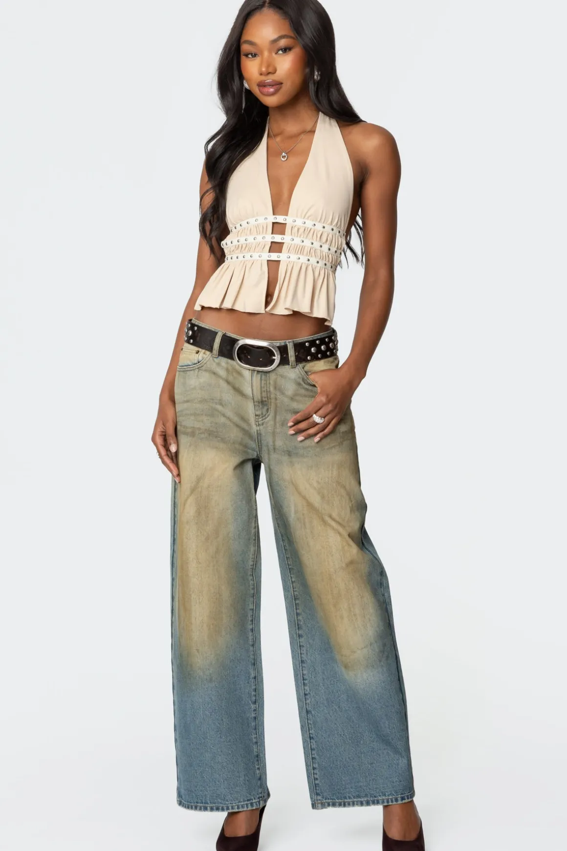 Studded Split Front Backless Halter Top