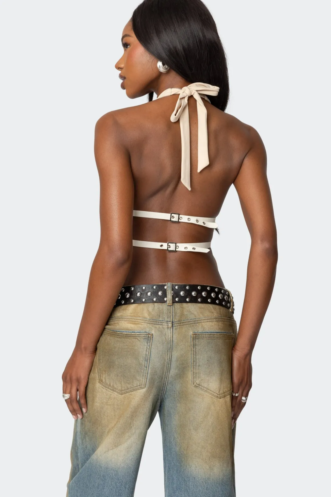 Studded Split Front Backless Halter Top