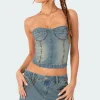 Studded Washed Denim Lace Up Corset