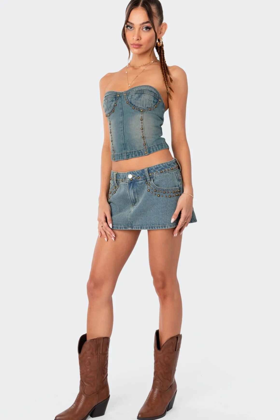 Studded Washed Denim Lace Up Corset