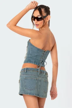 Studded Washed Denim Lace Up Corset
