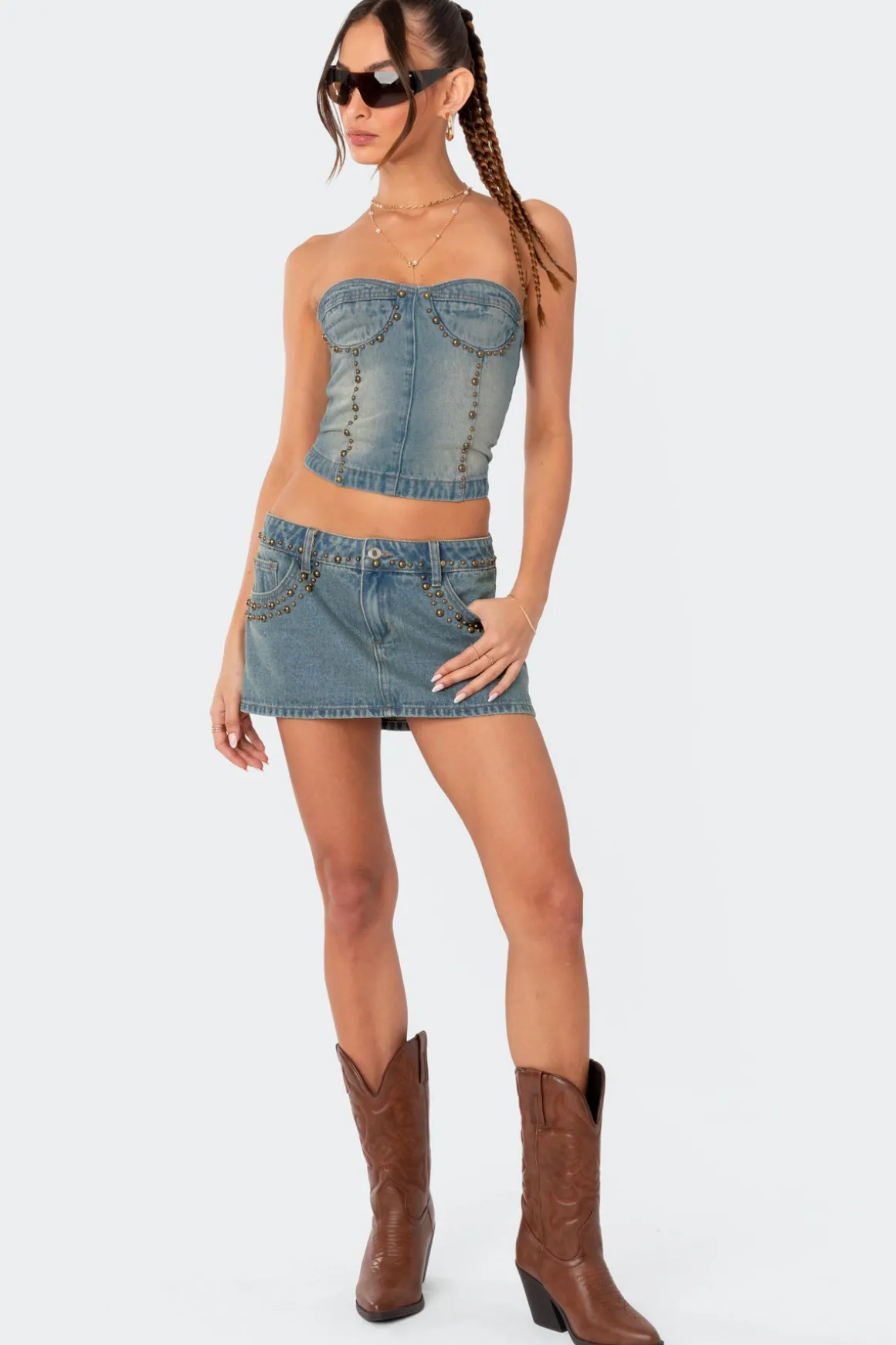 Studded Washed Denim Lace Up Corset