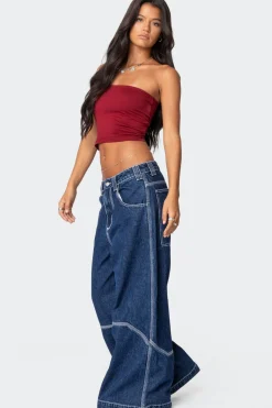Super Wide Contrast Stitch Low Rise Jeans