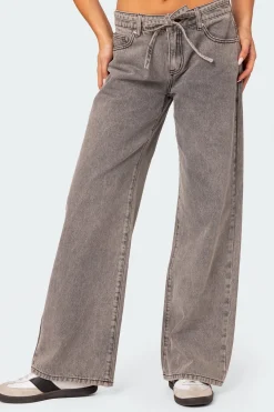 Tie Waist Washed Low Rise Jeans