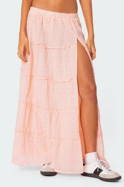 Tiered Eyelet Slitted Maxi Skirt